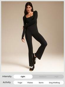 GLOWMODE FeatherFit™-Air Sunproof Flare Free Lightweight Square Neck Open U Back Long Sleeve Flare Leg Bodysuit With Thumbholes Low Impact Daily Casual Wear Removable Cups - Black - View 7