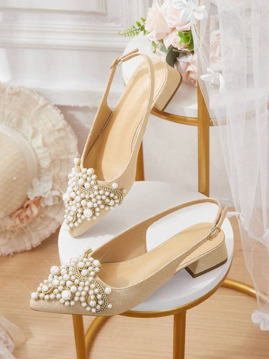 CUCCOO HITCHD 25cm Spring/Summer New Romantic Elegant Pointed Toe Faux Pearl Decor Mid-Heel Khaki High Heels Peep Toe Shoes, Bridal Wedding Shoes Valentine's Day - Khaki - View 1