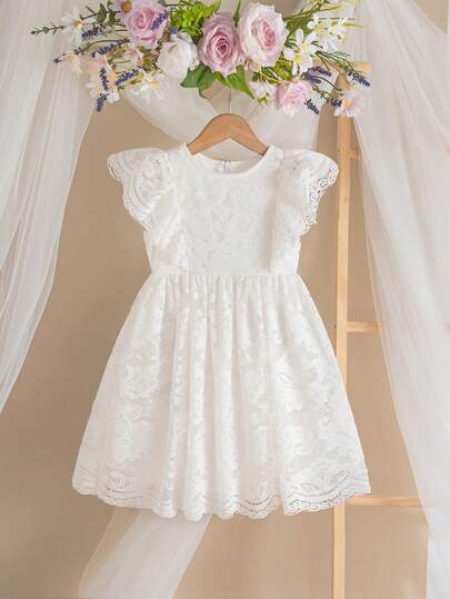 Young Girl Elegant & Cute White Lace Ruffle Hem Dress
