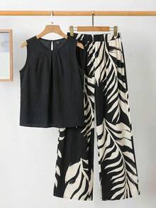 SHEIN Clasi 优雅女士纯色纹理褶皱上衣和花朵阔腿裤套装 - 黑色 - 查看 10