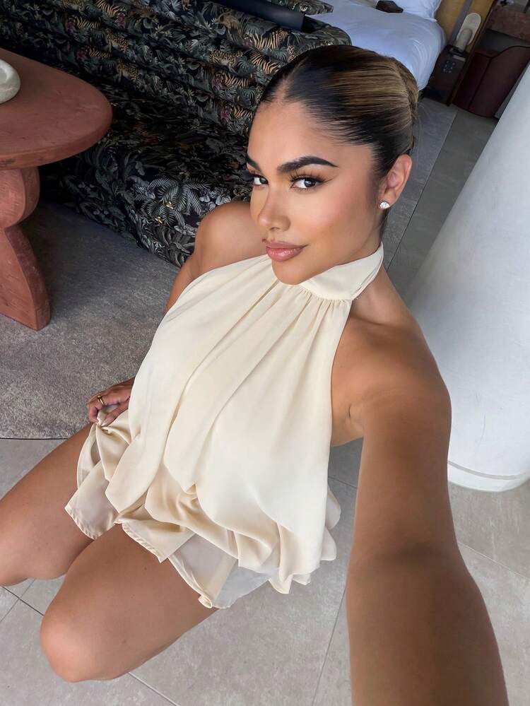 Maria Perezxox Vestido mini elegante de mujer con cuello halter y lazo en color amarillo claro - Beis - Añade 3