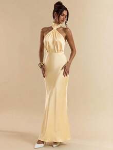 SHEIN BAE 性感简约纯色黄/米色露背吊带长款鱼尾连衣裙，适合派对、鸡尾酒会、正式场合、伴娘、生日、圣诞节、商务休闲等场合。 - 淡黃色 - 查看 5