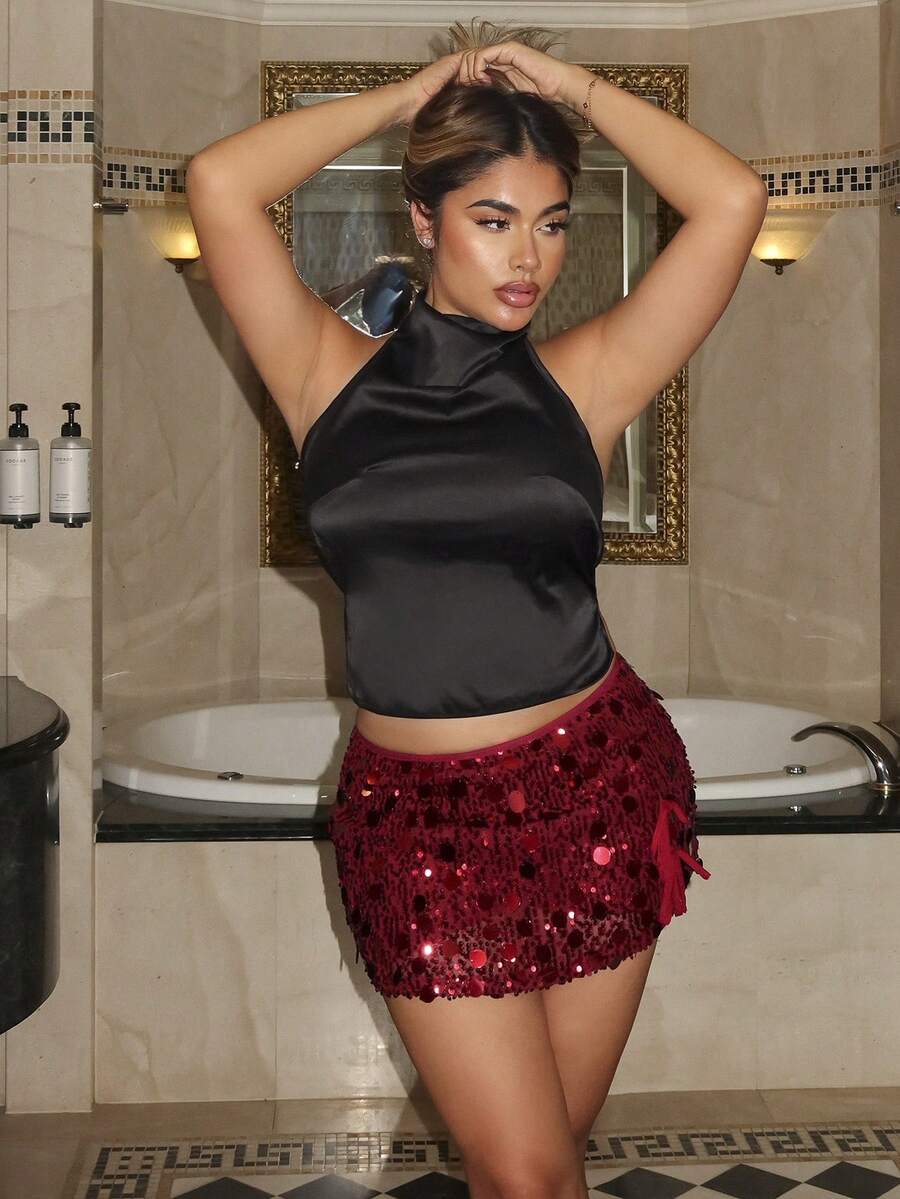 Maria Perezxox Top de satén sin espalda con cuello alto para mujer, ideal para fiestas - Negro - Ver 1