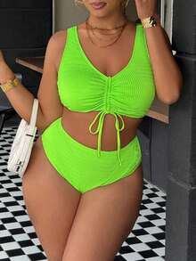 Swim Vcay Bộ bikini hai mảnh cỡ lớn dành cho nữ, màu trơn, chất liệu vải có họa tiết, kiểu dáng tam giác, dây mảnh và dây rút phía trước. - màu xanh lá - Xem 5