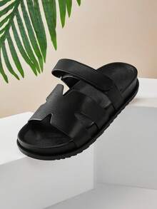 SHUZIA Faux Leather Cutout Design Black Pu Detailing Slip On Sandals - Black - View 2