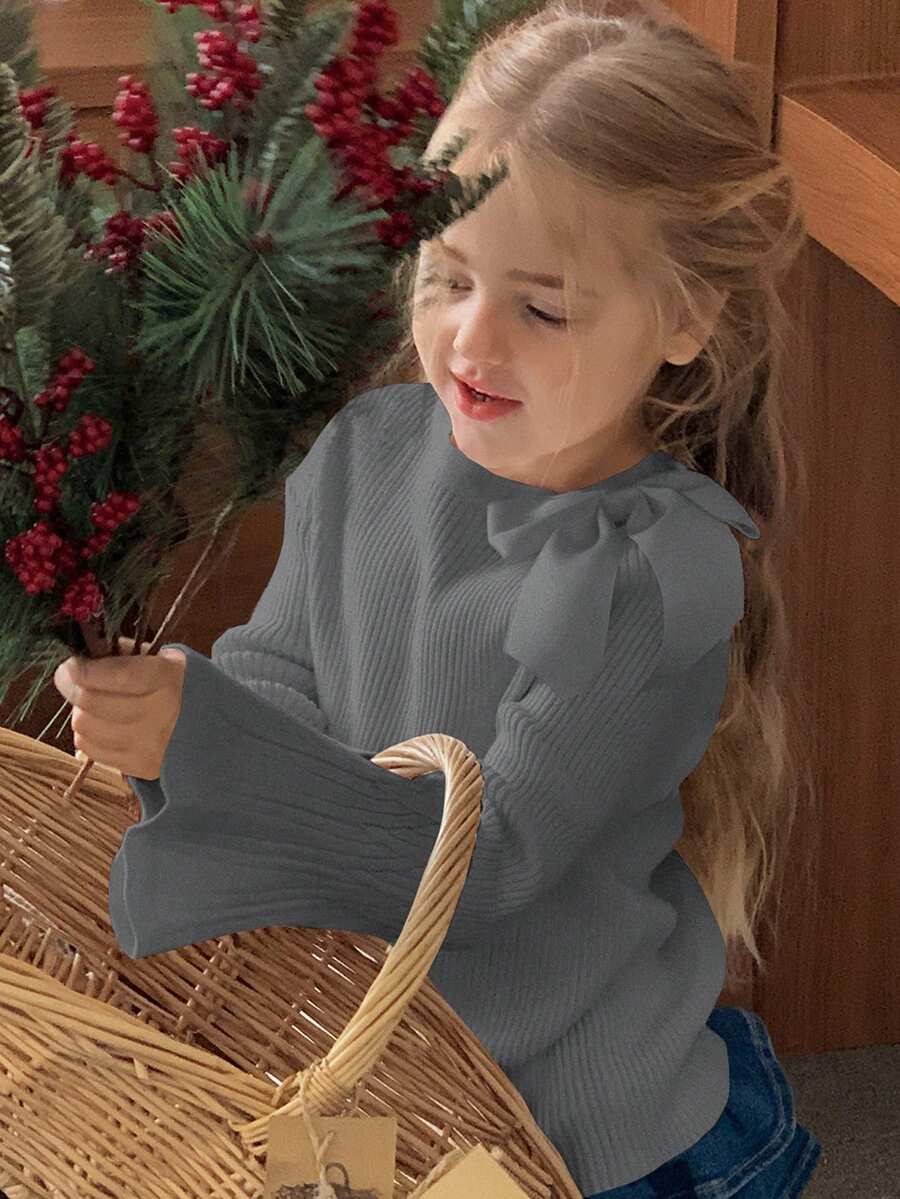 Dazy Kids 女童圆领蝴蝶结针织毛衣，可爱甜美韩版风格，长袖 - 灰色 - 查看 1