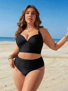 Swim Lushoire Plus Size Women 2-Piece Black Bikini Swimwear,Summer Holiday Beach Fashion Classy Formal Evening Minimalist Hard Cup Underwire Shaping High Waist,2026 - Black - View 3