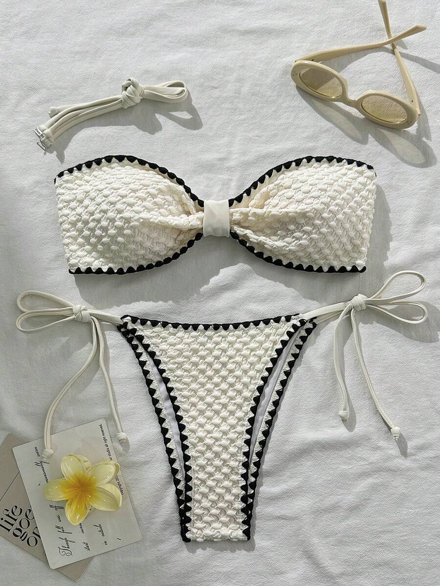 Swim Mod 女士提花面料无肩带抹胸贝壳钩边比基尼套装，春夏款 - 米色 - 查看 1