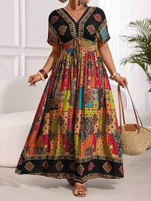 Breezaya Đầm cỡ lớn xếp ly, chắp vá, tay cánh dơi, tua rua - Nhiều màu - Xem 4