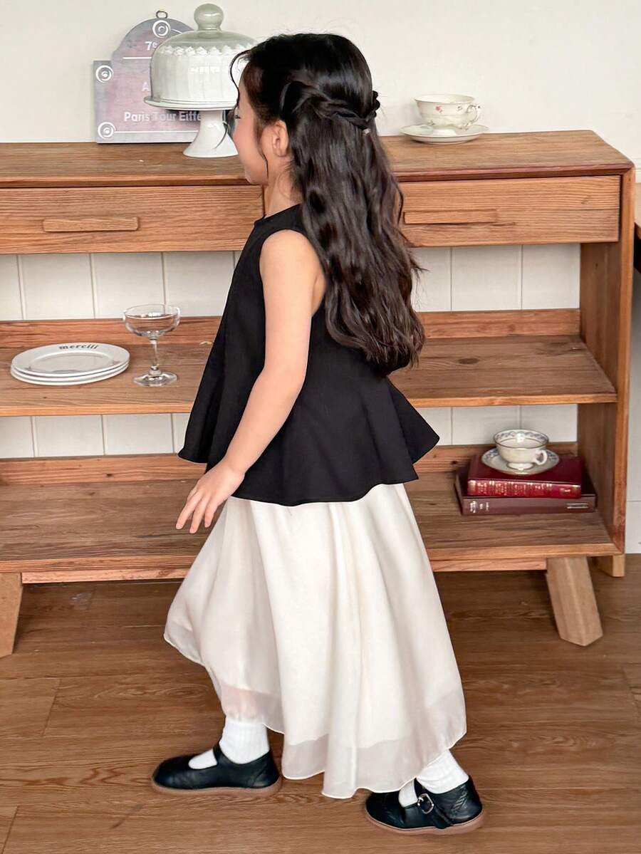 DAZY 2pcs/Set Young Girls Round Neck Sleeveless Ruffle Blouse And Skirt Set - Multicolor - View 1