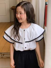 DAZY Blusa de manga corta de estilo coreano informal con volantes y detalles de color contrastante para niñas, primavera/verano - Blanco - Ver 7