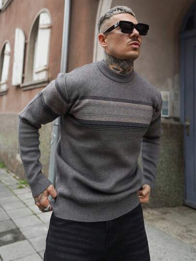 Artur Kramer 灰色男士条纹圆领休闲简约厚针织毛衣，适合秋冬季节穿着，长袖上衣
