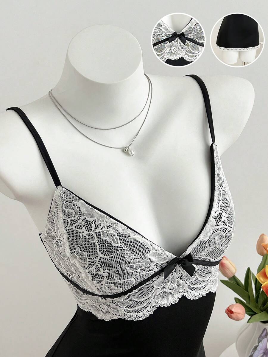 Elamini Women's Summer Slip Dress - Holiday Casual Wear, Contrast Lace Panels, Valentine's Day Party Dress - Black - View 1