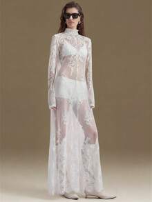 Ontre 2026春夏新款，适合5-15℃，可叠穿，现代都市风格，白色蕾丝面料，收腰修身剪裁，女士长裙，优雅百搭日常装，新款派对礼服，女士春夏连衣裙 - 白色 - 查看 4