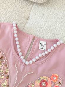 SHEIN 女童纯色编织V领蝴蝶结宽松休闲连衣裙 - 白色 - 查看 5