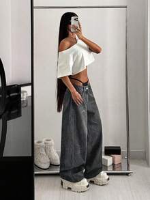SHEIN HypeZone Quần jeans ống loe cạp thấp dáng suông thêu hình ngôi sao năm cánh dành cho nữ - Xám - Xem 5
