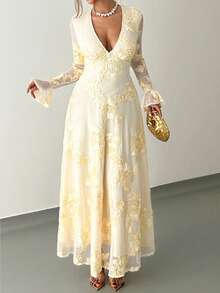 RiviMae 女士优雅印花长袖V领连衣裙，浅黄色 - 淡黃色 - 查看 4