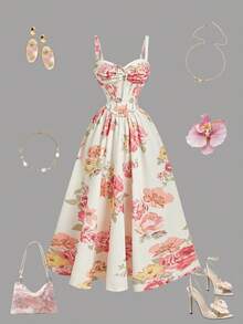 SHEIN MOD Women's Elegant Floral Print Dress,  Beach Dress,Vacation, Valentine's Day Dress,Floral Dress,Spring/Summer Outfits, Party , Holidays, Birthday,Festival,Wedding,Birthday Dress, Tea Party Dress Flower Dress Woman Cottagecore Dress Garden Party Dress - Multicolor - View 3