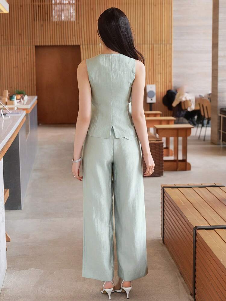 Women's Casual Solid Color Blazer Vest And Wide Leg Pants Suit Set, Spring/Summer,Wedding Guest Dress Women