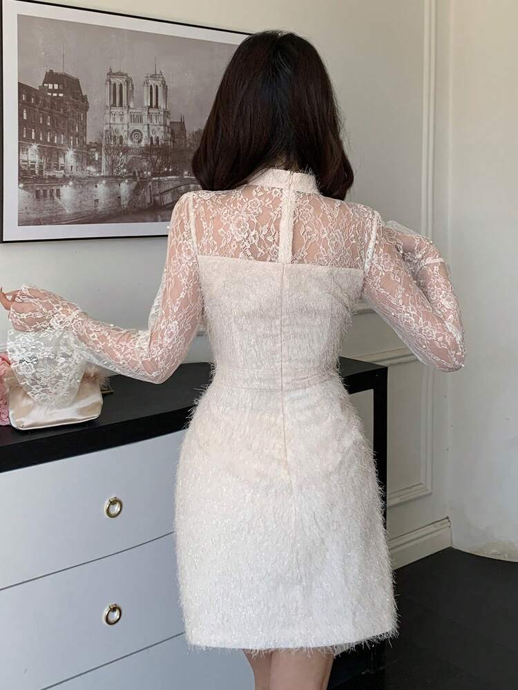 Women's Elegant Lace Patchwork Stand Collar Flare Sleeve Mini Dress, Spring/Summer Wedding Guest Dress Sundress