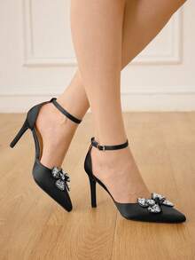 CUCCOO HITCHD Zapatos de tacón alto elegantes y de moda para fiesta con decoración de lazo de strass para mujer - Negro - Ver 5