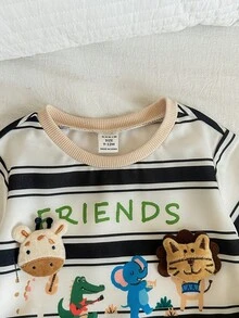 SHEIN 2pcs/Set Baby Boy Cute Cartoon Character Striped Short Sleeve T-Shirt And Khaki Casual Shorts Set, Summer - Multicolor - View 7
