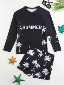 SHEIN Maillot de bain à manches longues avec imprimé palmier pour adolescents garçons, convient pour les vacances à la plage - Noir et Blanc - Voir 3
