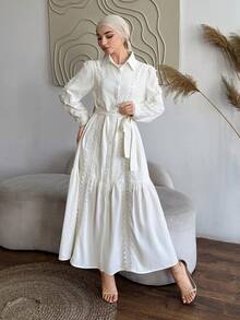 DAZY Women's Elegant Lace Patchwork Belted Mid-Length Dress, Spring/Summer Wedding Guest Dress - Beige - View 5