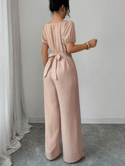 Rafferiza Mono elegante de mujer con cuello redondo, manga larga, pierna ancha, decoración de cuentas de madera y cintura retorcida en color caqui para uso diario