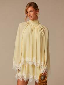COSMINA 女士优雅浅黄色雪纺飘逸围巾领长袖迷你连衣裙，休闲度假派对简约直筒连衣裙 - 淡黃色 - 查看 4