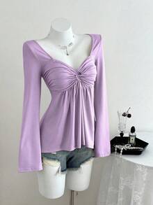 Elamini 女士休闲扭结V领长袖T恤，百搭新款式，春秋季 - 淡紫色 - 查看 3