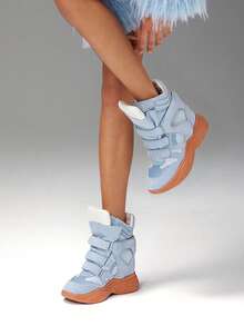 Solezae New Ladie's Maranto Balskee Light Blue Faux Suede High Top Hook And Loop Strap Quilted Padded Collar Hidden Wedge Sporty Chic Sneaker Vacation Shoe - Baby Blue - View 6