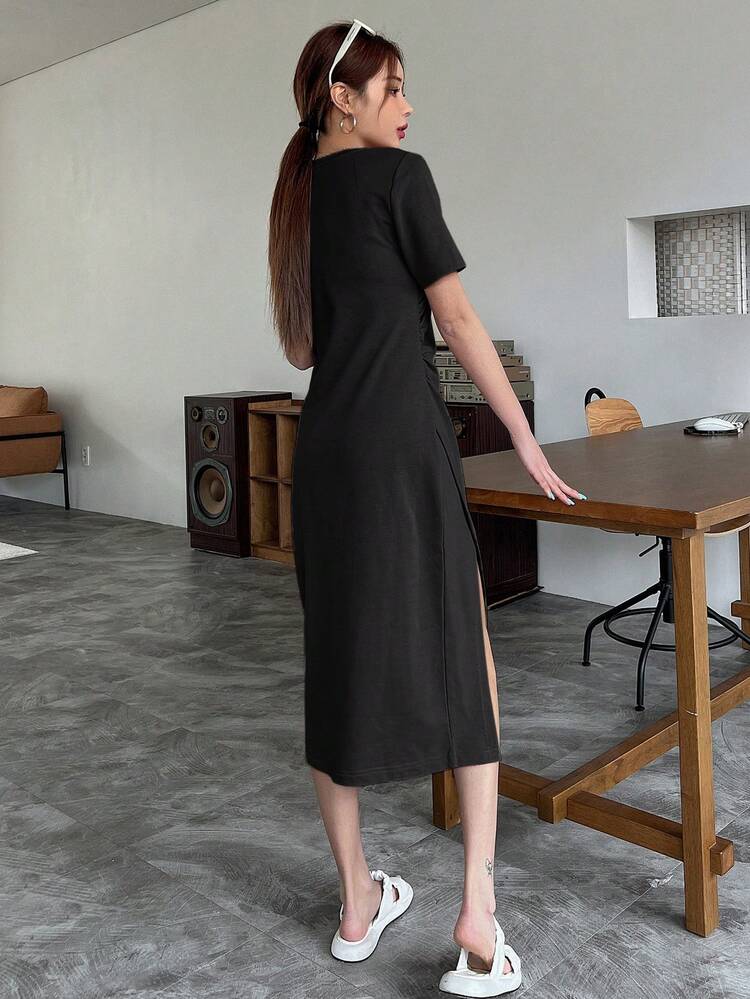 Solid Color Pleated Slit Short Sleeve Dress Summer Sundress,Casual Women Dresses