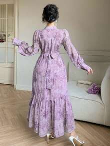 DAZY Đầm nữ thanh lịch in hoa, cổ buộc dây, tay phồng, dài ngang gối, thích hợp cho tiệc cưới mùa xuân/hè. - Màu tím - Xem 2