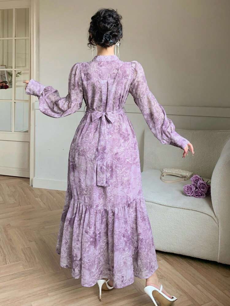 Women's Elegant Floral Print Tie Collar Puff Sleeve Mid-Length Dress, Spring/Summer Wedding Guest Dress