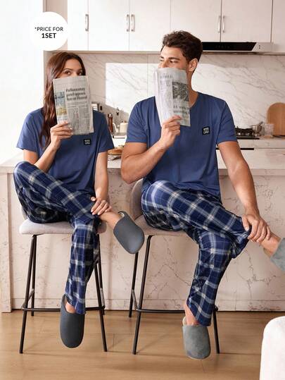 SHEIN Solid Color Minimalist Crew Neck Short Sleeve Top With Label Design, Plaid Print Pants Men's Pajama Set