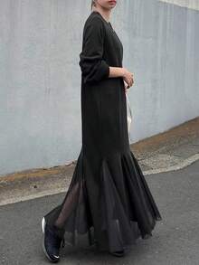 FRIFUL Robe noire unie à ourlet évasé, polyvalente et décontractée, automne/hiver pour femmes - Noir - Voir 6