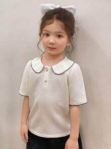 DAZY Young Girl Peter Pan Collar Short Sleeve Solid Color Korean Style T-Shirt Summer - Apricot - View 4