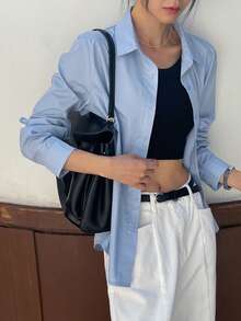 DAZY Áo sơ mi dài tay dáng rộng, thoải mái, đa năng dành cho nữ. - Màu xanh lam - Xem 5