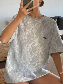 DAZY Women's Letter, Floral & Lace Decor Round Neck Dropped Shoulder Short Sleeve Casual Loose T-Shirt - Grey - View 8