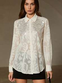 Aveloria Rosie Blusa de manga larga para mujer con diseño floral de jacquard, bordada con cuentas, strass y lentejuelas, de estilo elegante francés y versátil casual - Blanco - Ver 6