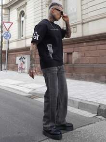 Artur Kramer 男士休闲百搭简约图案印花短袖T恤 - 黑色 - 查看 5