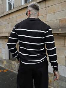 Artur Kramer Men Long Sleeve Striped Airplane Collar Knit Sweater , Fall Winter, Grunge Style - Black - View 2