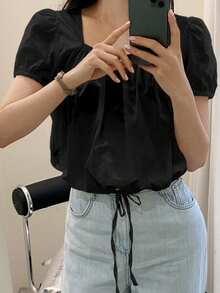 DAZY Áo cánh nữ cổ vuông màu đen giản dị có dây rút viền - màu đen - Xem 3