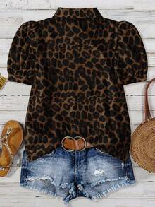 EMERY ROSE Áo sơ mi nữ cỡ lớn phong cách Y2K cổ điển, thường ngày, họa tiết da báo, tay phồng, dáng rộng. - Nhiều màu - Xem 2