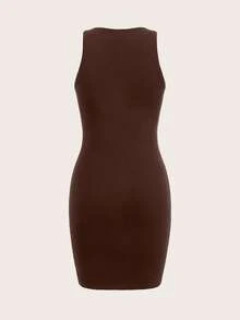 Attitoon Casual Minimalist Versatile Women Round Neck Bodycon Mini Dress, Suitable For Summer - Brown - View 6