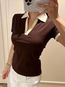 DAZY Contrast Trim Polo Neck Tee - Coffee Brown - View 6