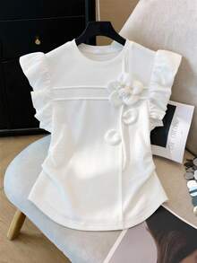 SHEIN Teen GirlElegant Commuter 3D Floral Ruffle Hem Split Arc Pleat Short T-Shirt - White - View 3
