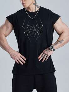 GymBeat Men's Spider Print Loose Fit Round Neck Sports Tank Top - Black - View 4