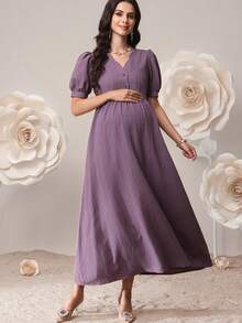SHEIN 孕妇纯色V领纽扣优雅短袖连衣裙 - 紫色 - 查看 4